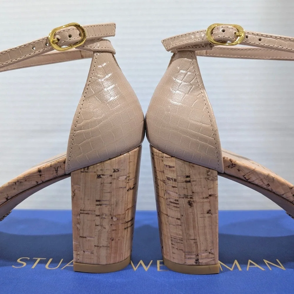 Stuart Weitzman Nearlynude Adobe Beige Croc Cork Block Heel Sandals 7.5 AA NIB